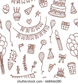 Happy birthday hand drawn seamless pattern with doodle cake, balloons, sweets, gifts and flowers.