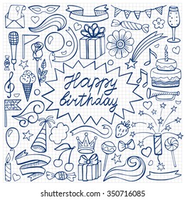 Happy birthday hand drawn set on squared paper. Vector illustration of hand drawn doodle birthday elements 