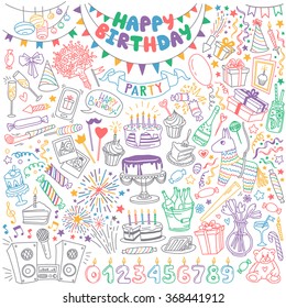 Happy Birthday hand drawn set. Party decoration, gift box, cake with candles, fireworks, confetti, party hats, bouquet, desserts and beverages. Vector outline illustration isolated  on white.