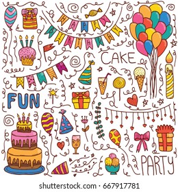 Happy birthday hand drawn set doodle party attributes. Concept of happiness.