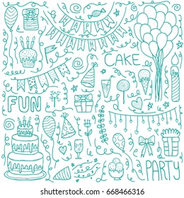 Happy birthday hand drawn set doodle party attributes.