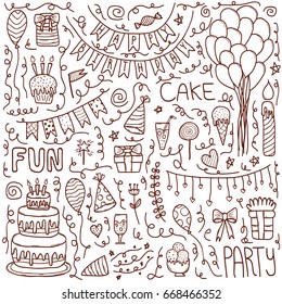 Happy birthday hand drawn set doodle party attributes.