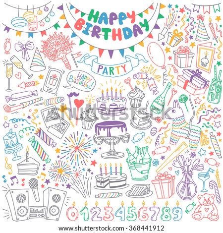 Happy Birthday hand drawn set. Party decoration, gift box, cake with candles, fireworks, confetti, party hats, bouquet, desserts and beverages. Vector outline illustration isolated  on white.