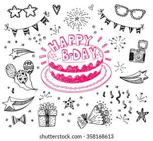 Happy birthday hand drawn sketch set and doodle cake  balloons  fireworks   party attributes