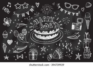 Happy birthday hand drawn sketch set with doodle cake, balloons, fireworks and party attributes