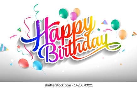 Happy Birthday Hand Drawn Vector Lettering Design On Background Of Pattern With Balloon And Festive Elements. Perfect For Greeting Card. - Vector