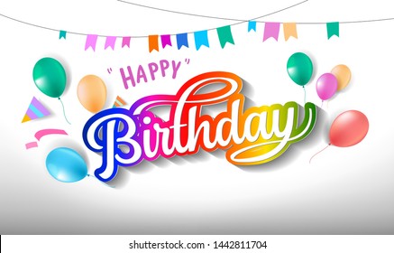 Happy birthday hand drawn vector lettering design on background of pattern with balloon and festive elements. Perfect for greeting card. - Vector - Vector Happy birthday hand drawn vector lettering design on background of pattern with balloon and festive elements. Perfect for greeting card. - Vector - Vector