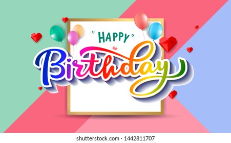 Happy birthday hand drawn vector lettering design on background of pattern with balloons and festive elements. Perfect for greeting card. - Vector - Vector