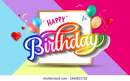 Happy birthday hand drawn vector lettering design on background of pattern with balloon and festive elements. Perfect for greeting card. - Vector - Vector