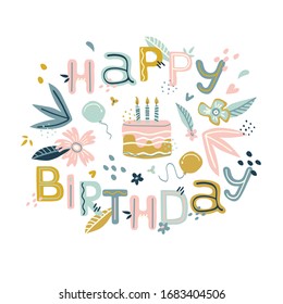 Alles Gute zum Geburtstag, handgezeichnete Vektorillustration. Doodle floraler Hintergrund und handgefertigter Text. 
Geschenkbriefe für Design-Geschenkkarte, Verkaufswerbung, Taschendruck, positives Poster, Buchumschlag, Werkstattinvita