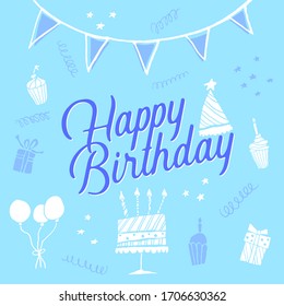 Happy birthday hand drawn vector set. Hat, cake, cupcake, candle, balloon, confetti, flags, gisft, present, stars illustration on blue background. Postcard, greeting, anniversary, event, party, print