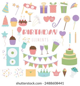 Happy birthday hand drawn vector illustration. Party and celebration design balloon, gifts, fireworks, ribbon, confetti, cake drinks