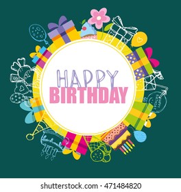 Happy birthday hand drawn vector banner. Vector background.