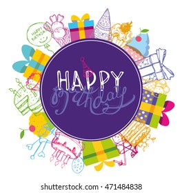 Happy birthday hand drawn vector banner. Vector background.