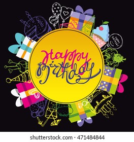 Happy birthday hand drawn vector banner. Vector background.