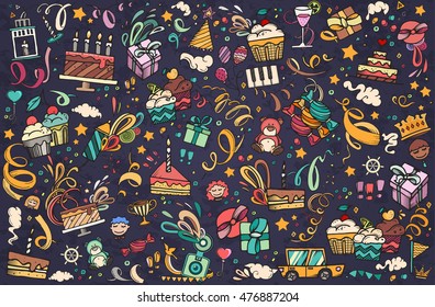 Happy birthday hand drawn vector illustration. Party and celebration design: balloon, gifts, fireworks, ribbon, confetti, cake, drinks.

