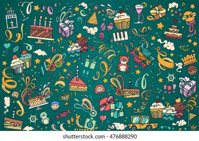Happy birthday hand drawn vector illustration. Party and celebration design: balloon, gifts, fireworks, ribbon, confetti, cake, drinks.
