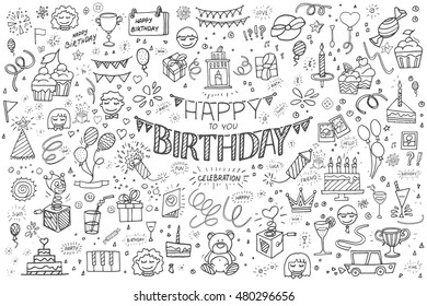 Happy birthday hand drawn vector illustration. Party and celebration design balloon, gifts, fireworks, ribbon, confetti, cake drinks.