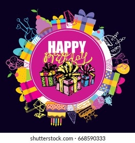 Happy birthday hand drawn vector banner. Vector background.