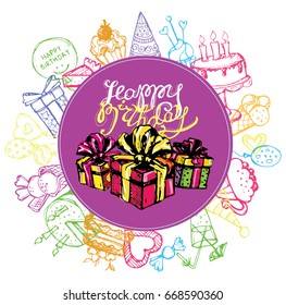 Happy birthday hand drawn vector banner. Vector background.