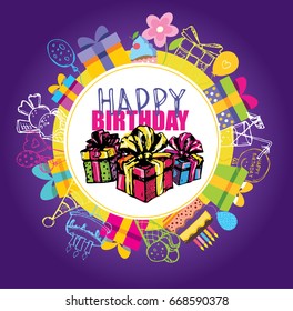 Happy birthday hand drawn vector banner. Vector background.