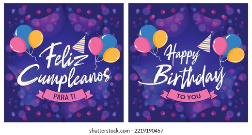 Happy birthday hand lettering with Feliz cumpleanos spanish lettering vector illustration template flyer