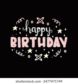 Happy birthday. Hand lettering. Handwritten inscription. Greeting card design element. Vector illustration on a dark background.