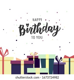 Happy Birthday hand lettering text. Cute vector illustration birthday party elements for poster, greeting card, banner template.