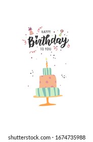 Happy Birthday hand lettering text. Cute vector illustration birthday party elements for poster, greeting card, banner template.