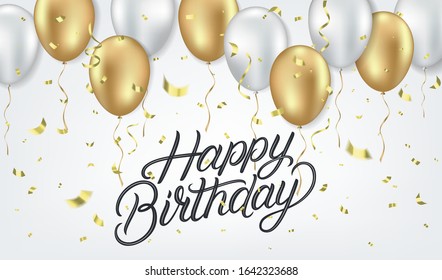 Happy Birthday hand written lettring text with white and golden balloons and gold sparkles and glitter confetti on white background. Festive realistic style. Celebrate birthday template. Vector