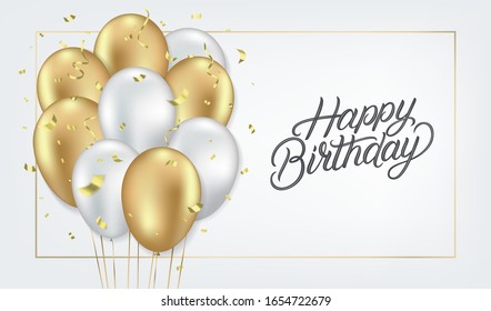 Happy Birthday hand written lettring text with white and golden balloons and gold sparkles and glitter confetti on white background. Festive realistic style. Celebrate birthday template. Vector