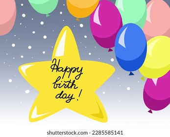Happy birthday hand written text with a colorful balloons on blue sky background and cartoon star. Vector illustration 