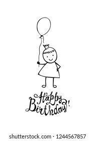 Happy Birthday. Hand written vector inscription and girl with balloon