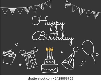 Feliz cumpleaños. Fondo dibujado a mano con pastel, velas con brillo, caja de regalo, globos y decoraciones para las fiestas. Ideal para tarjetas de cumpleaños, banners, fondos de pantalla. Ilustración vectorial.