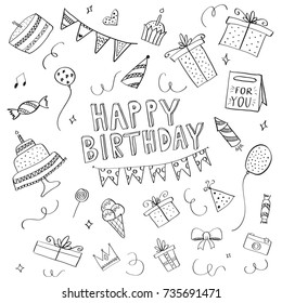 Happy Birthday handdrawn doodles. Celebration sketch collection. Kids doodles for holiday. Isolated icons. Vector illustration.