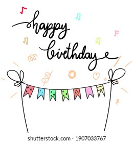 Happy Birthday handwritten calligraphy with Cute decorations isolated on white background. Vector Illustration EPS 10