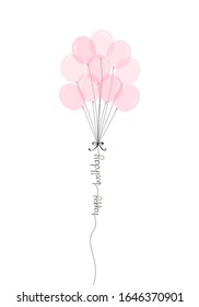 Happy Birthday handwritten inscription with bunch of pink balloons. Hand drawn party lettering. One line calligraphic text. Vector illustration