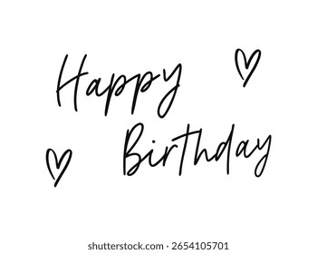 Happy Birthday Handwritten Lettering with Hearts Vector Calligraphy. Modern Calligraphy Style. Perfect for Greeting Cards, Invitations, Birthday Party Decorations, Gift Tags.