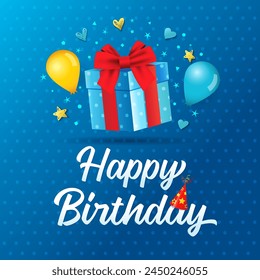 Happy Birthday handwritten phrase with 3d gift box and colored balloons. Greeting card vector design with text, present and party hat