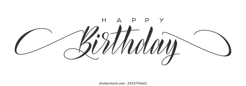 Happy Birthday Handwritten Phrase. Birthday Congratulating Hand Lettering Vector Modern Calligraphy. Black and White Typographic Calligraphic Design Element for Greeting Card.