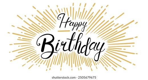 Feliz cumpleaños texto escrito a mano con florituras decorativas modernas, líneas radiantes. Estilo de letras dibujadas a mano, caligrafía. Listo para el diseño de la tarjeta de felicitación. Ilustración vectorial aislada en blanco