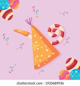 happy birthday hat with balloons helium and candies vector illustration design
