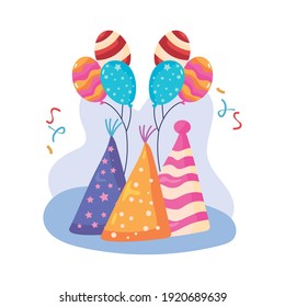 happy birthday hats with balloons helium and confetti vector illustration design