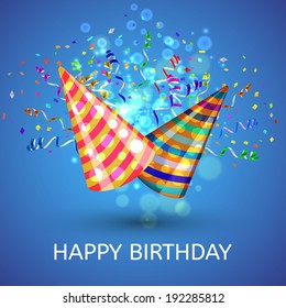 Happy birthday Hats and Confetti Surprise Background. Vector