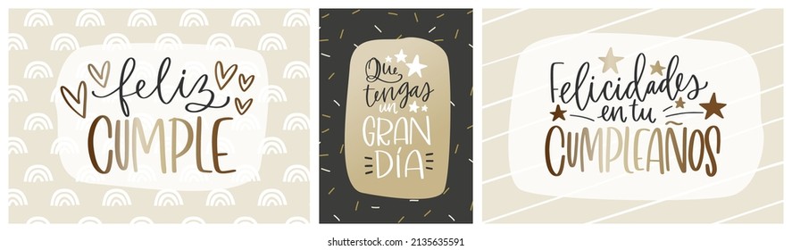 Happy Birthday, Have a great day, Congratulations on your date of birth cards in Spanish language. Gold, beige, white and black modern greeting card vector design set.