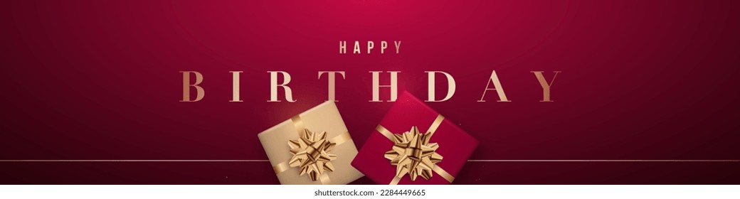 Happy Birthday header web banner. Pattern with realistic gift boxes. Luxury vector design. Concept background for holidays.