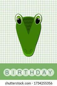 Happy birthday, holiday, baby shower celebration greeting and invitation card. Layout template in A4 size. Colorful cute vector crocodile face on squared background. Cartoon flat illustration.