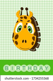 Happy birthday, holiday, baby shower celebration greeting and invitation card. Layout template in A4 size. Colorful cute vector giraffe face on squared background. Cartoon flat illustration.