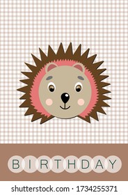 Happy birthday, holiday, baby shower celebration greeting and invitation card. Layout template in A4 size. Colorful cute vector hedgehog face on squared beige background. Cartoon flat illustration.