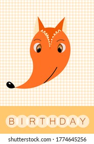 Happy birthday, holiday, baby shower celebration greeting and invitation card. Layout template in A4 size. Colorful cute vector fox face on squared background. Cartoon flat illustration.